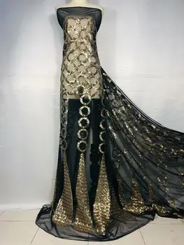 

New Gold Line Embroidery African Mesh Lace Fabric Sequins Lace Fabric Flower Pattern Sequence Laces Fabric for Nigerian Net Lace