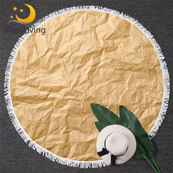

BlessLiving Kraft Paper Round Beach Towel 3D Print Bath Towel Crumpled Paper Microfiber Towel Solid Color Summer Blanket 150cm