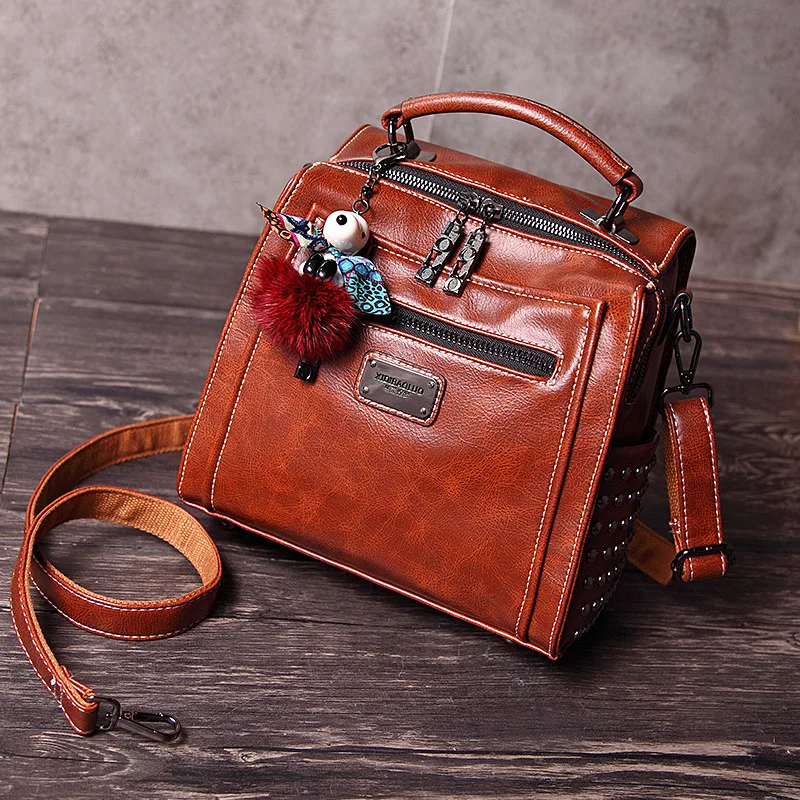 Новая сумка на одно/двойное плечо, сумка через плечо, винтажная модная сумка, сумки из натуральной кожи, женские сумки, высокое качество, заклепки для девушек - Цвет: Brown