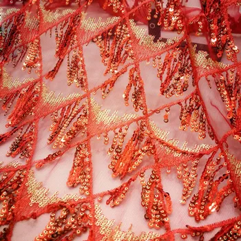 

Width 130CM Red Embroidered Gauze Sparkly Tassel Sequin Tulle Fabric for Party Wedding Dress DIY Clothes Home Decor Material