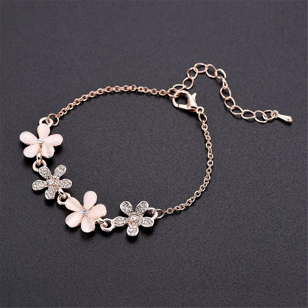 Elegant Flower Link Bracelet Cubic Zirconia Chain Bangle Anklet Wristband Adjustable with pink opal and bling rhinestone
