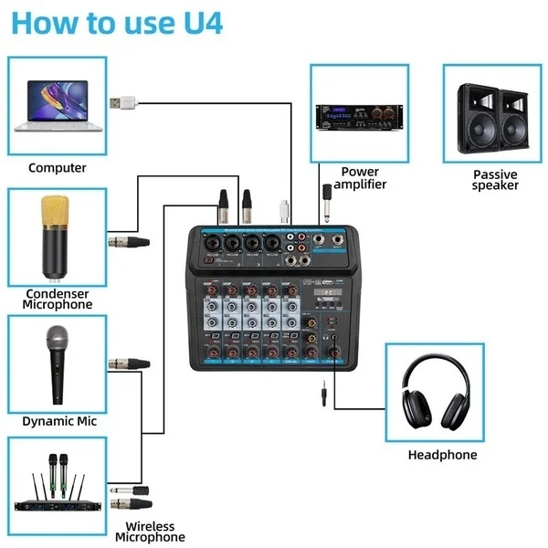 4/6 каналов аудио миксер звук микшерная консоль с Bluetooth USB Запись 48В фантомный