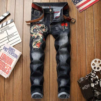 

High quality jeans men black 3d embroidery ripped distressed streetwear style homme denim trousers plus size 29-38 male jeans
