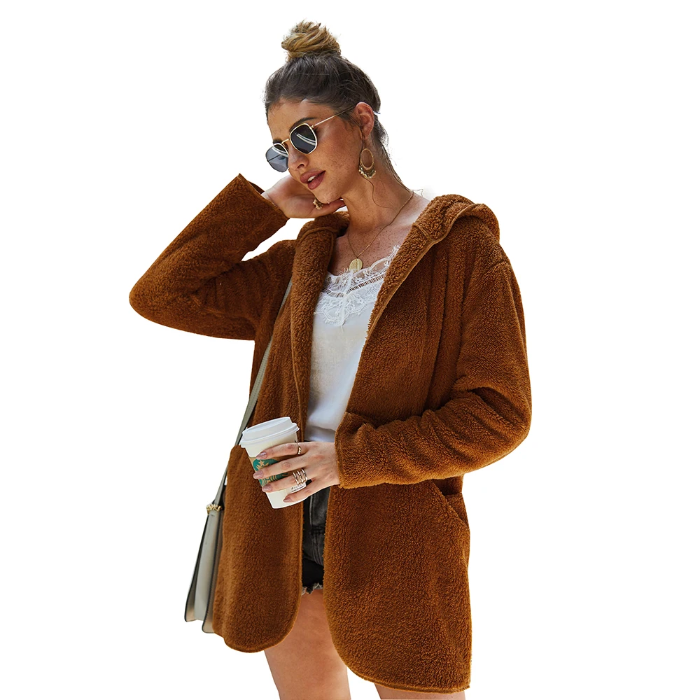 Женская Осенняя теплая флисовая куртка с капюшоном, парка, однотонное пальто, куртка, верхняя одежда, Женская Повседневная Длинная открытая куртка - Цвет: CAMEL