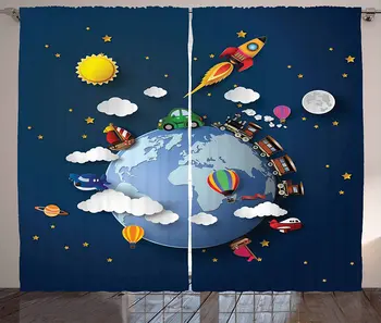 

Travel Curtains Journey on Earth with Plane Car Rocket Spaceship Train Holiday Adventure Cosmos Living Room Bedroom Window Drape