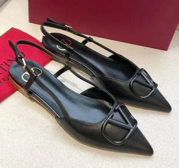 

New Classics Women Sandal Genuine Leather V Brand Logo Women Flat Sandals Metal V Buckle Genuine Leather Sandal 35-42 No Box