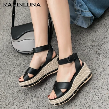

KarinLune 2020 New Arrivals Elegant Women Sandals Med Wedges Platform Rivet Pumps Summer Casual Woman Shoes