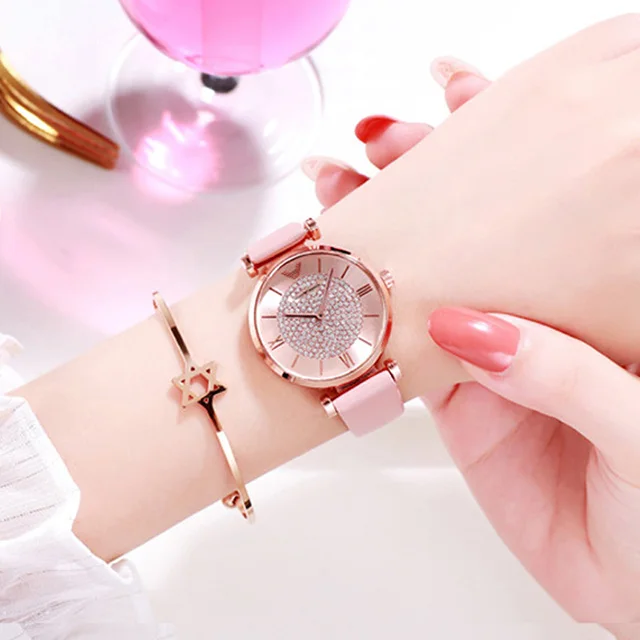 leather pink Роскошные женские часы с бриллиантами, розовое золото, магнитные женские наручные часы для женщин, часы-браслет, женские часы, Relogio Feminino - Цвет: leather pink
