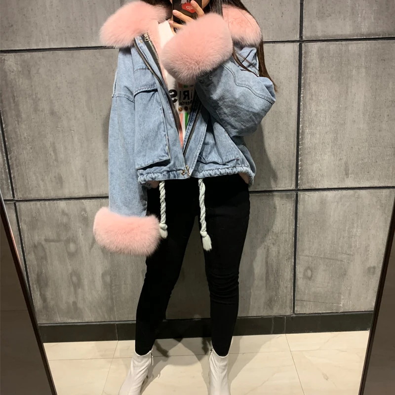 Меховая Парка женская джинсовая парка меховая парка из натурального Лисьего меха