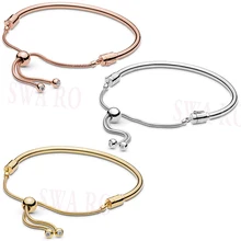 Модные Классические стерлингового серебра s925 розовое золото блеск скользящий браслет DIY Шарм оригинальные женские ювелирные изделия подарок на день рождения помолвка