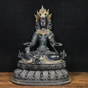 

wedding 11”Tibet Temple Pure Copper Inlay Duobao Green Buddha Statue Gemstone Statue of Avalokitesvara Bodhisattva Buddha statue