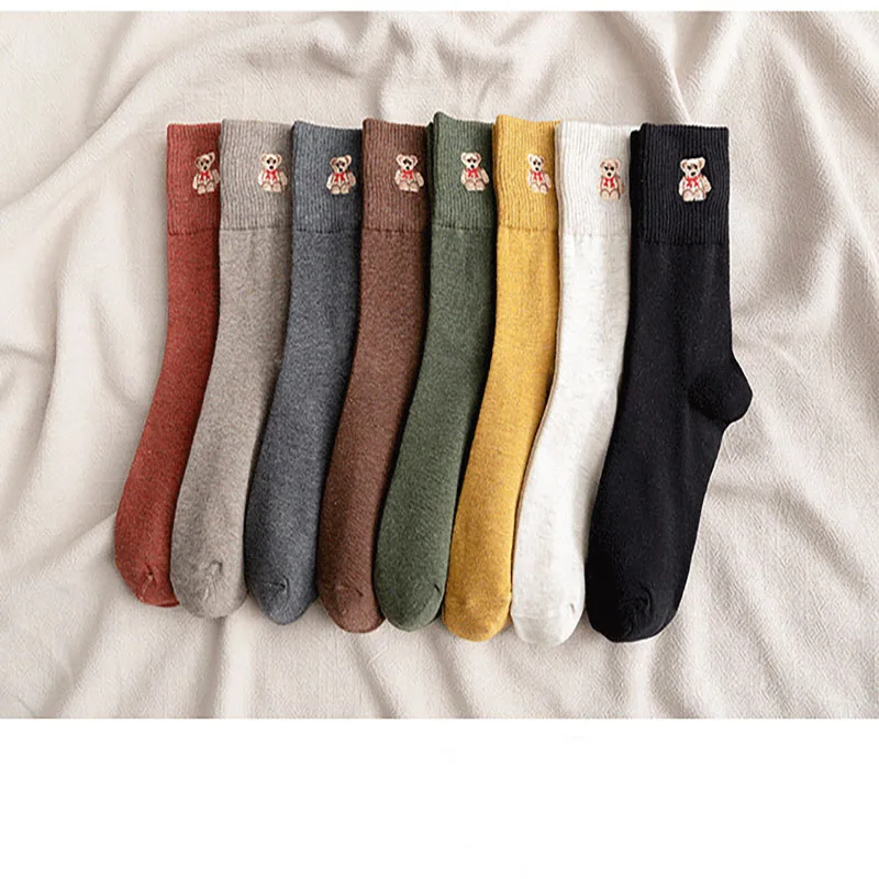 Осенние женские носки без пятки с вышитым медведем модные хлопковые носки в Корейском стиле для девочек BDW018