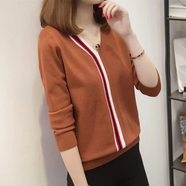 2019 Autumn Winter Korean V Neck Striped Sweater Women Long Sleeve Loose Black Sweater and Pullover Knitted Sweater Pull Femme