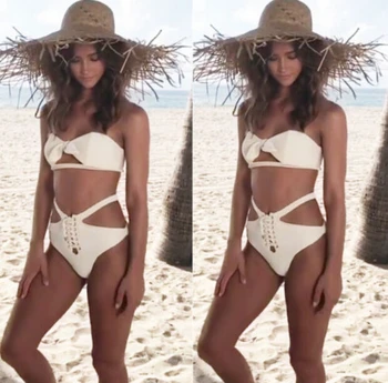 

High Waist Hollow Out Bikini Set Swimsuit Women Swimwear Bandage Padded Bra Monokini Triangle Beachwear Bathing Suit