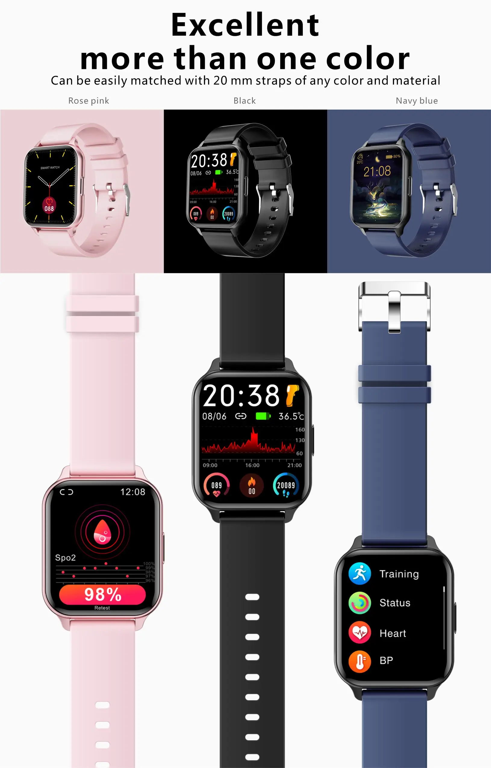 2022 Body temperature,Health monitoring of heart rate, blood pressure and blood oxygen，Music control ,IP68 Smartwatch