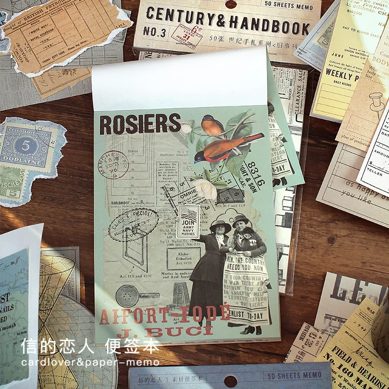 

50pcs/lot Memo Pads Material Paper Century Handbook Junk Journal Scrapbooking Cards Retro Background Decoration Paper