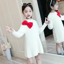 Осенне-зимнее вязаное платье из искусственного меха норки для девочек, Детский Повседневный свитер с длинными рукавами, платья для девочек K190