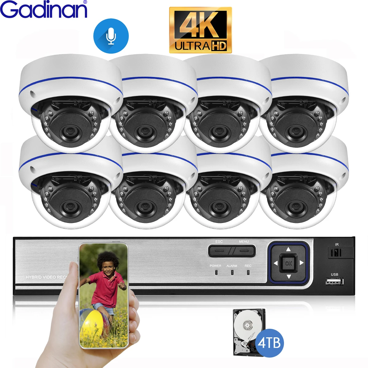 Система видеонаблюдения Gadinan 4K 8 Мп Poe 4 канала NVR водонепроницаемая для улицы |