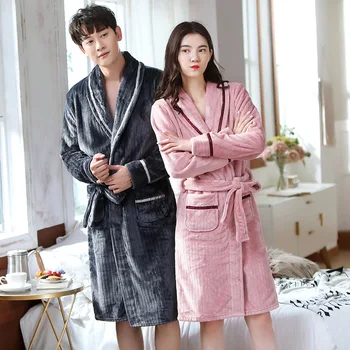 

Winter Thicken Warm Female Blue Flannel Kimono Robe Lovers Couple Nightgown Bath Gown Sleepwear Men Nightwear Long Bathrobe