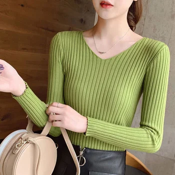 

Autumn Winter Sweaters Knitted Sweater Women Office Vintage Pullover White With Black Sweater Women V Neck Sweater Female Korean