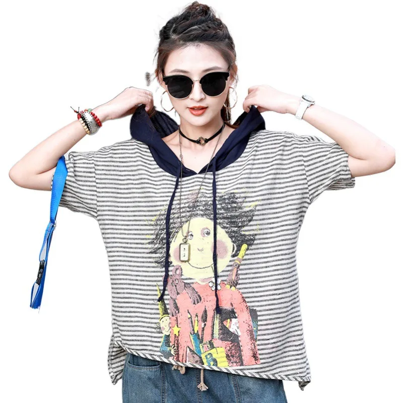

Newest Free Size Women's Hooded Short Sleeve Shirt Summer Printed Striped Cartoon Hoodies Casual Loose Tops And Pullovers Z2