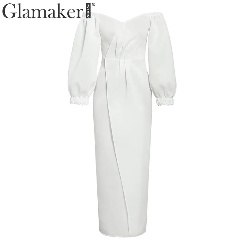 Glamaker с открытыми плечами с пышными рукавами белое сексуальное длинное платье для женщин с высокой талией сплит сексуальное осеннее платье женские вечерние Клубное платье Vestido
