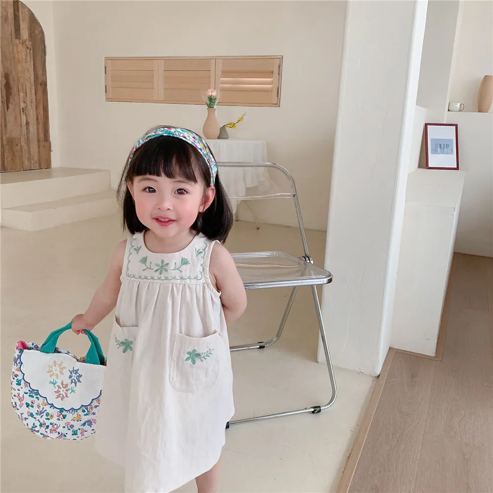 2022 Summer Korean Girls' Vest Skirt Thin Foreign Style Washed Cotton Dress Children'S Embroidered Skirt Baby Girl baby boy dress