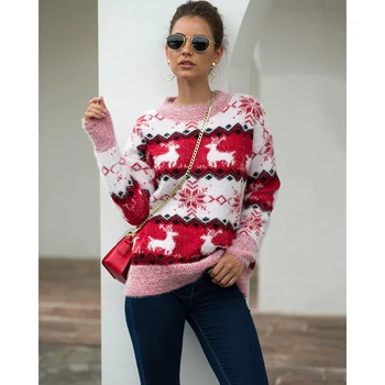 

Women O Neck Long Sleeve Woolen Christmas Sweater Female Autumn&Winter European Style Snowflake Elk Print Knit Pullovers SJ4420U