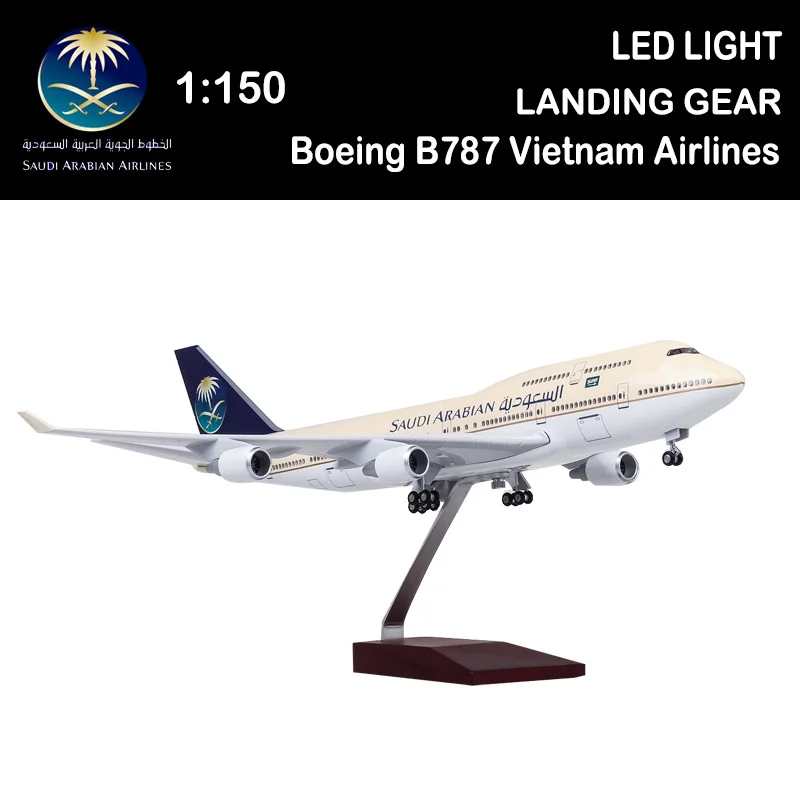 1/150 47Cm Airplane Boeing 747 B747-400 Aircraft Saudi Arabian Airlines Model Light Diecast Plane Airliner Gift Boys Kid Toy