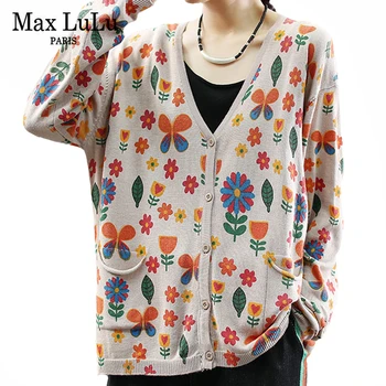 

Max LuLu Chinese Fashion Designer Women Floral Autumn Cardigans Ladies Causal Loose Sweaters Printed Vintage Clothes Plus Size