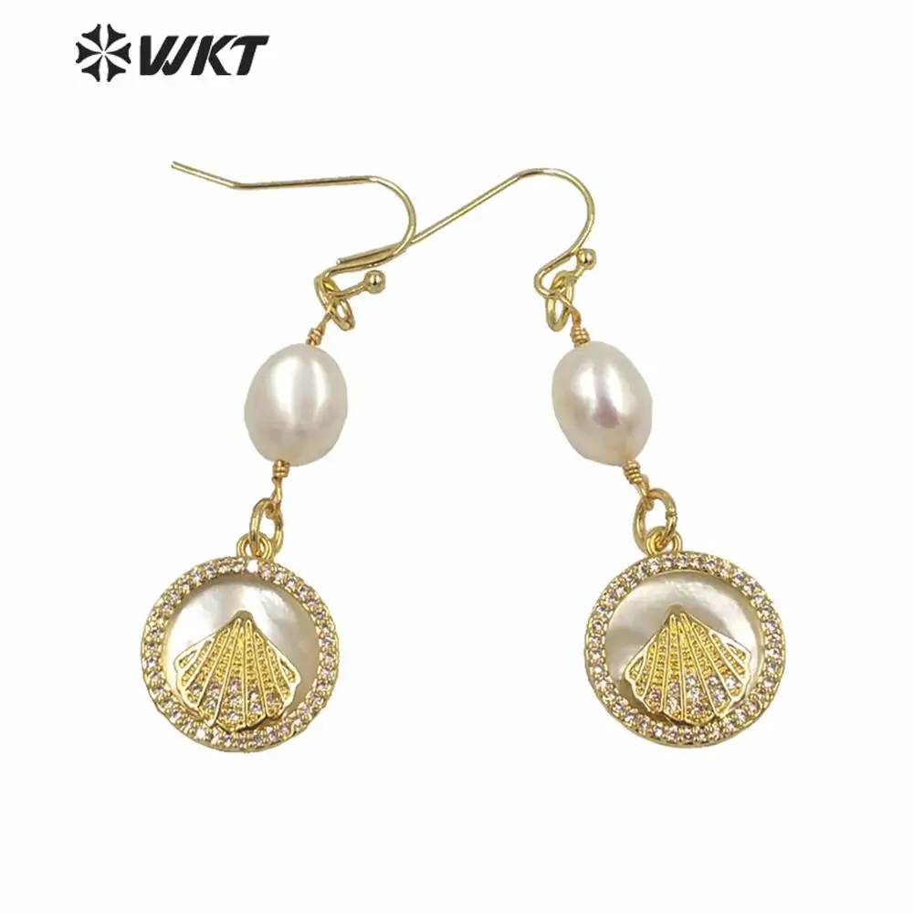 

Модные красочные круглые серьги-ракушки ME079 WKT с фианитами, жемчужные висячие серьги-ракушки с жемчугом, очаровательные женские ювелирные изделия, висячие серьги