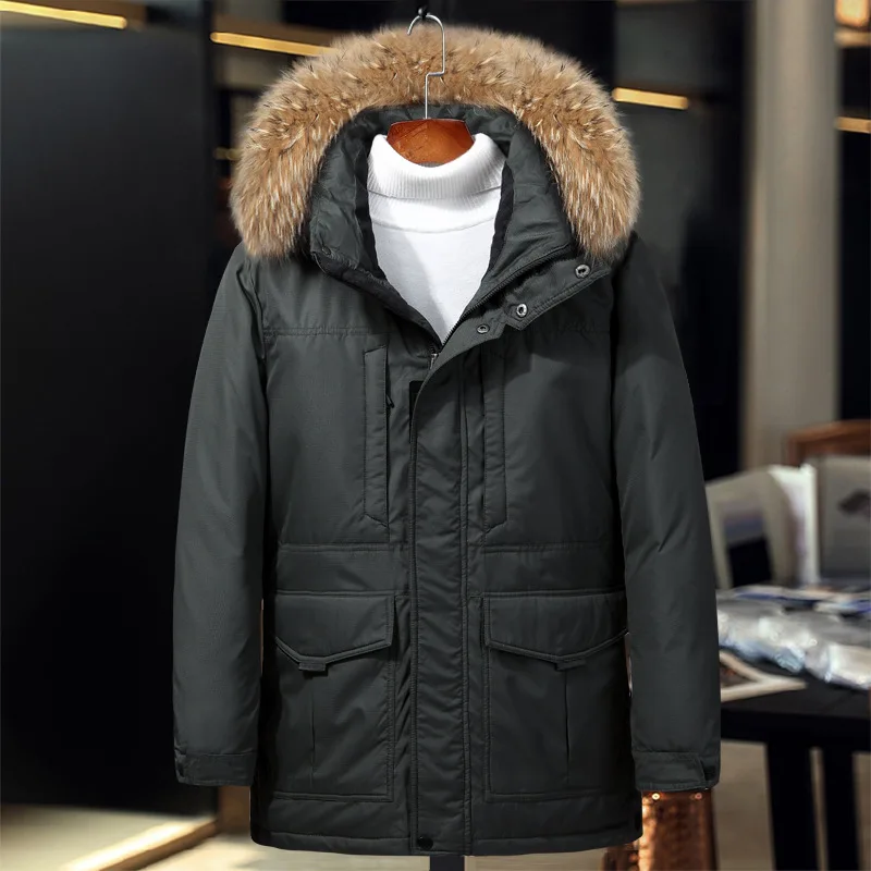 40 градусов утолщенные Мужские Зимние Куртки из натуральной кожи с меховым воротником, толстые теплые пуховики на утином пуху, мужские пальто, зимняя куртка с перьями