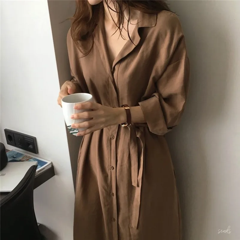 

2020 New Loose Slimming Solid Color Polo Collar over the Knee Trench Coat All-Matching Long Shirt Cardigan Women's Clothes