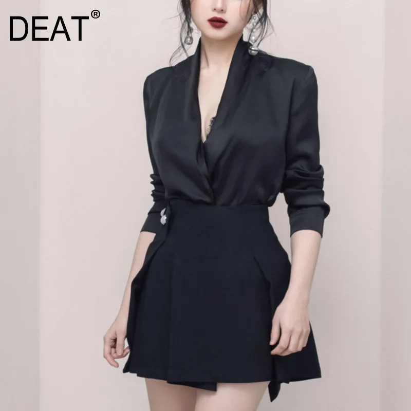 [DEAT] Women Summer Dress Set Casual Elegant Black Color Turn-down Collar Shirt Above Knee Dresses Fashion Tide NA686