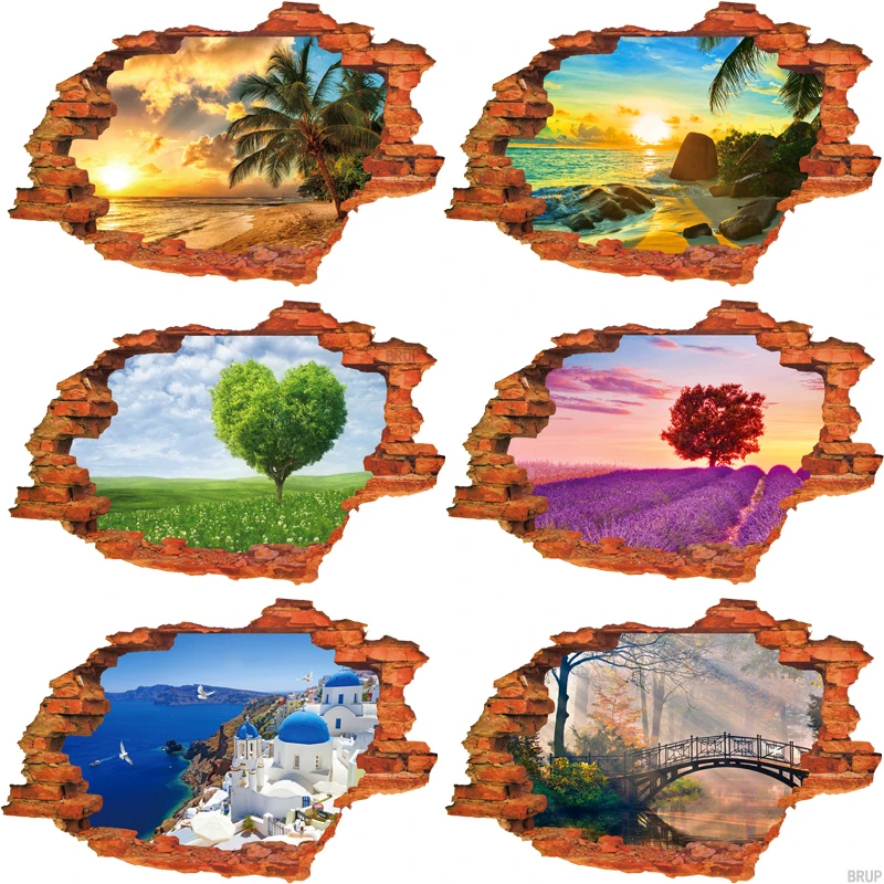 

7 Kinds 89*59cm Nature landscape 3D Wall Stickers Hole View Art Landscape Wallpapers Beach Castle Tree Vinyl Mural Home Decor