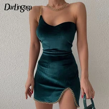 

Darlingaga Fashion Elegant Chain Patchwork Asymmetrical Sexy Dress Female One Shoulder Velour Club Party Dresses Summer Backless