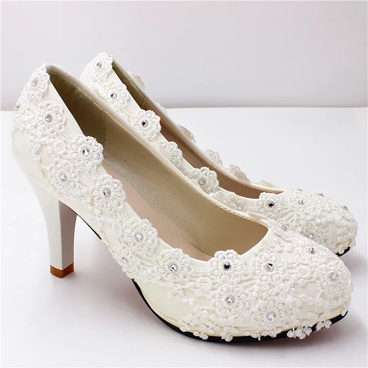Sorbern White Flower Cute Crystal Wedding Pump With Lace Ankle Strap