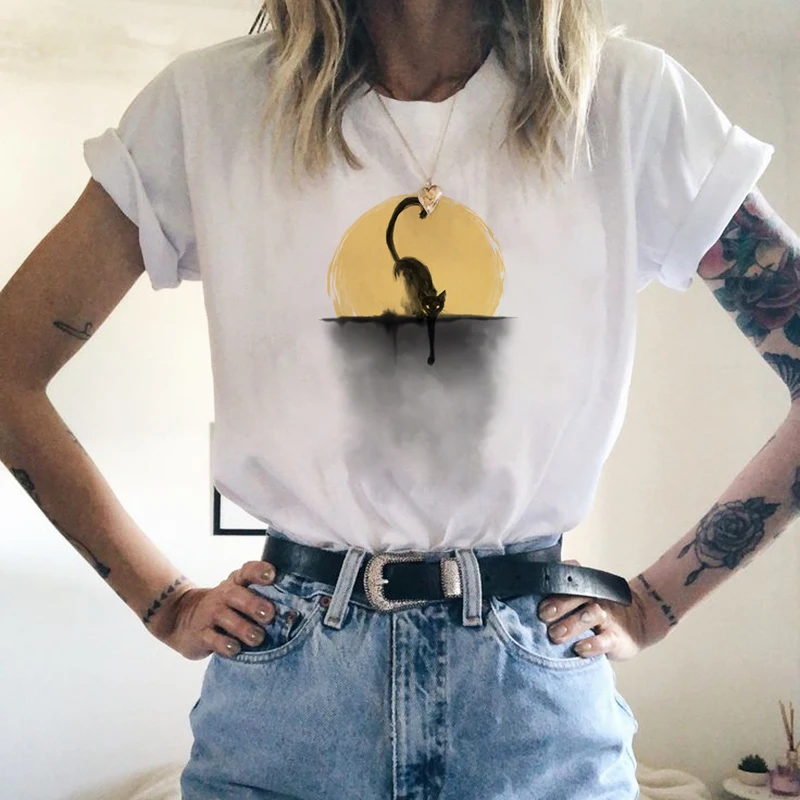 Tee Shirt Femme 6 Женские футболки Харадзюку с принтом кота, женские футболки с графическим принтом, женская футболка Kawaii, футболка, женская футболка большого размера, Camisas Mujer, топы - Цвет: Tee Shirt Femme 6