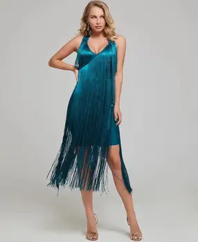 

Top Quality Ladies Sexy V Neck Lake Blue Tassel Knee Length Bandage Dress 2020 Designer Fashion Party Dress Vestido