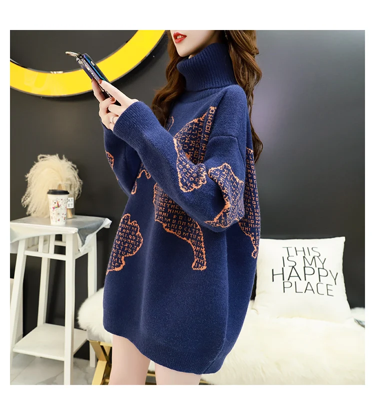 HF19568 Blue H. SA pull femme hiver, женская зимняя теплая водолазка, пуловер с рисунком карт, Повседневная вязаная одежда, фиолетовый свободный свитер, джемперы - Цвет: HF19568 Blue