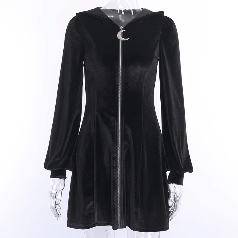 InsGoth Harajuku черное свободное мини-платье для женщин Готическая уличная Луна молния с капюшоном платья длинный рукав велюр Винтаж леди Десс