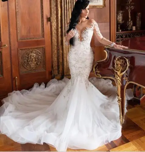2020 Spring Couture Mermaid Wedding Dresses Luxury Lace Beads Court Train Bridal Wedding Gowns Sheer Neck Beach Boho Bride Dress Wedding Dresses Aliexpress