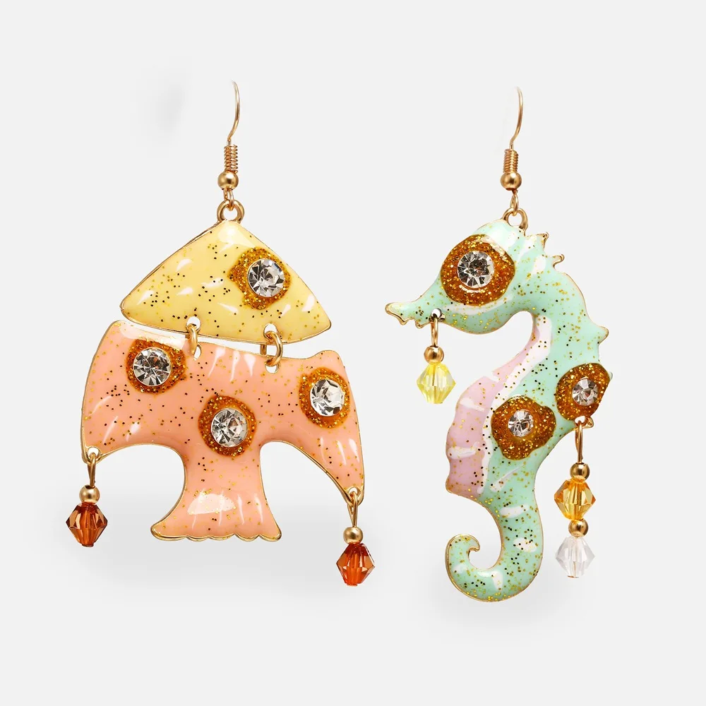 

Creative Vintage Candy-colored Asymmetric Fish Sea horse Earrings Popular Jewelry Dangle Earrings for women