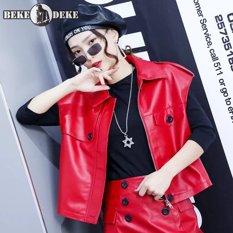 

Жилет женский из натуральной кожи, мотоциклетная безрукавка на молнии, свободный крой, куртка в стиле панк, уличная одежда из овечьей кожи без рукавов, красный