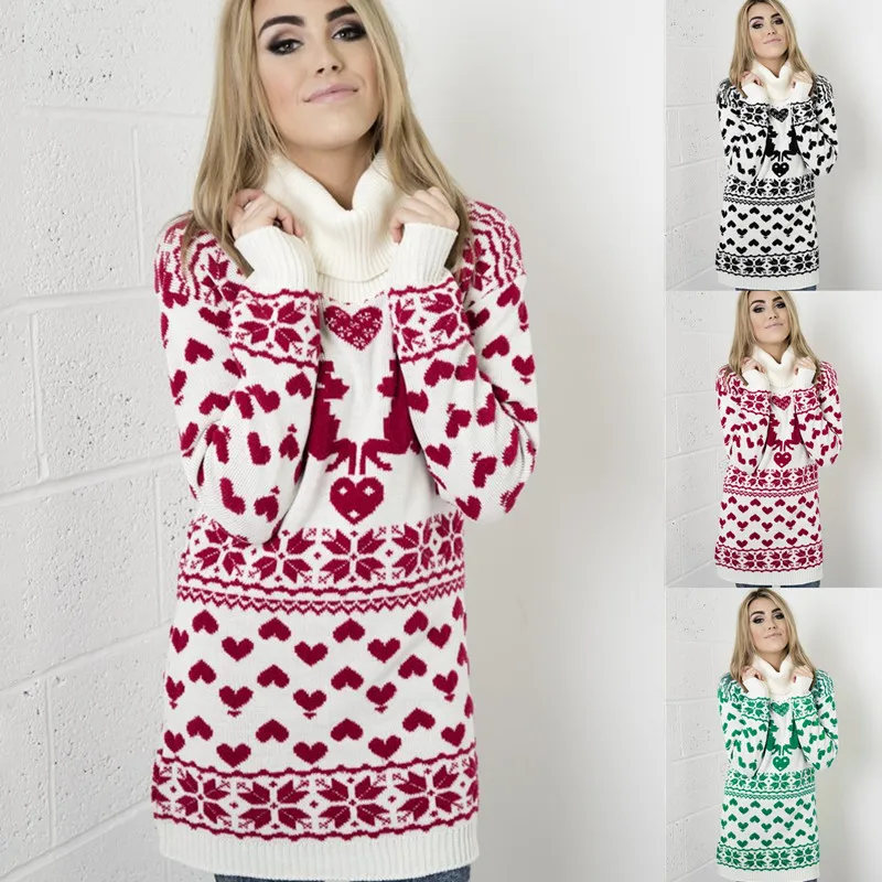 Women's Christmas Sweater Dress Long Sleeve Mock Neck Elk Heart Print