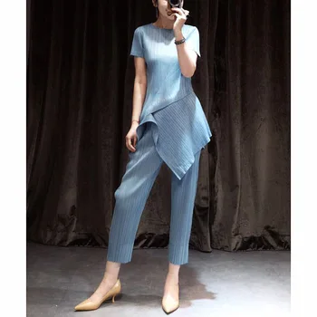 

LANMREM 2020 Spring Summer Pleated Suit New Fashion Vent Pants + Short Sleeve Round Neck Irregular T Shirt Two Pieces Set YH691