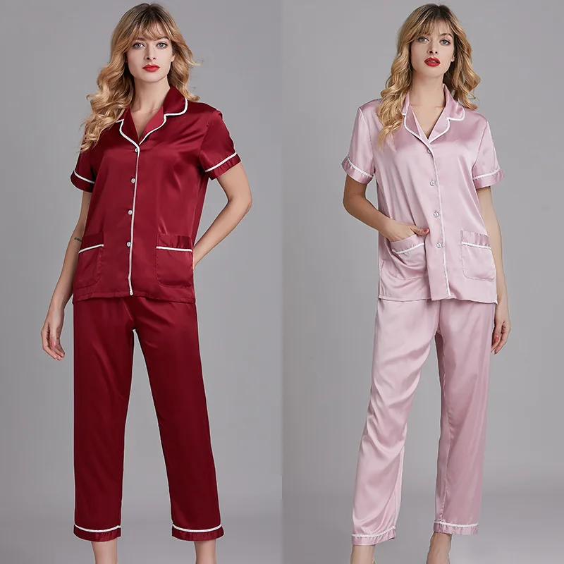 

Yao ting New Style Pajamas Women's Spring And Summer Silk Short Sleeve Tracksuit Summer Large Size Two-Piece Set Cardigan 19184-