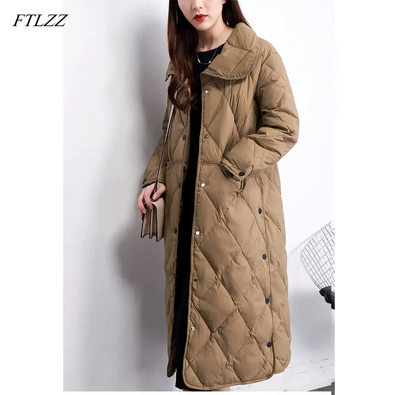 Goede FTLZZ Nieuwe Winter Stand Kraag Lange Witte Eend Donsjack Vrouwen Enkele Breasted Parka Khaki Zwart Down Sneeuw Overjas