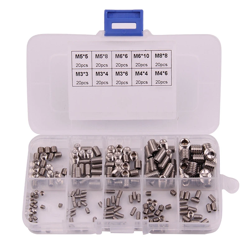 

200pcs Stainless Steel Allen Head Socket Hex Set Grub Screw Assortment Cup Point