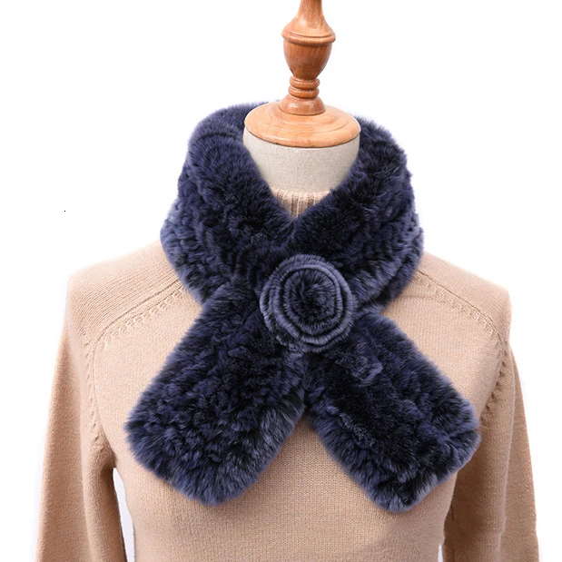 navy blue Настоящий мех кролика шарф женский кожаный и меховой шарф Зимний теплый утолщенный шаль зимние тканые воротники-шарфы Роскошные - Цвет: navy blue